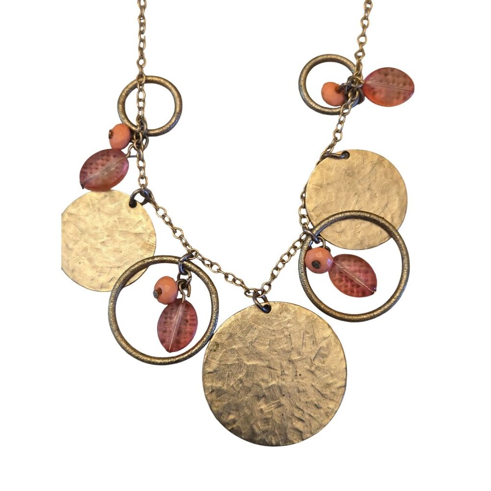Hammered Gold-Tone‎ Necklace With Pink Beads & Circular Accents